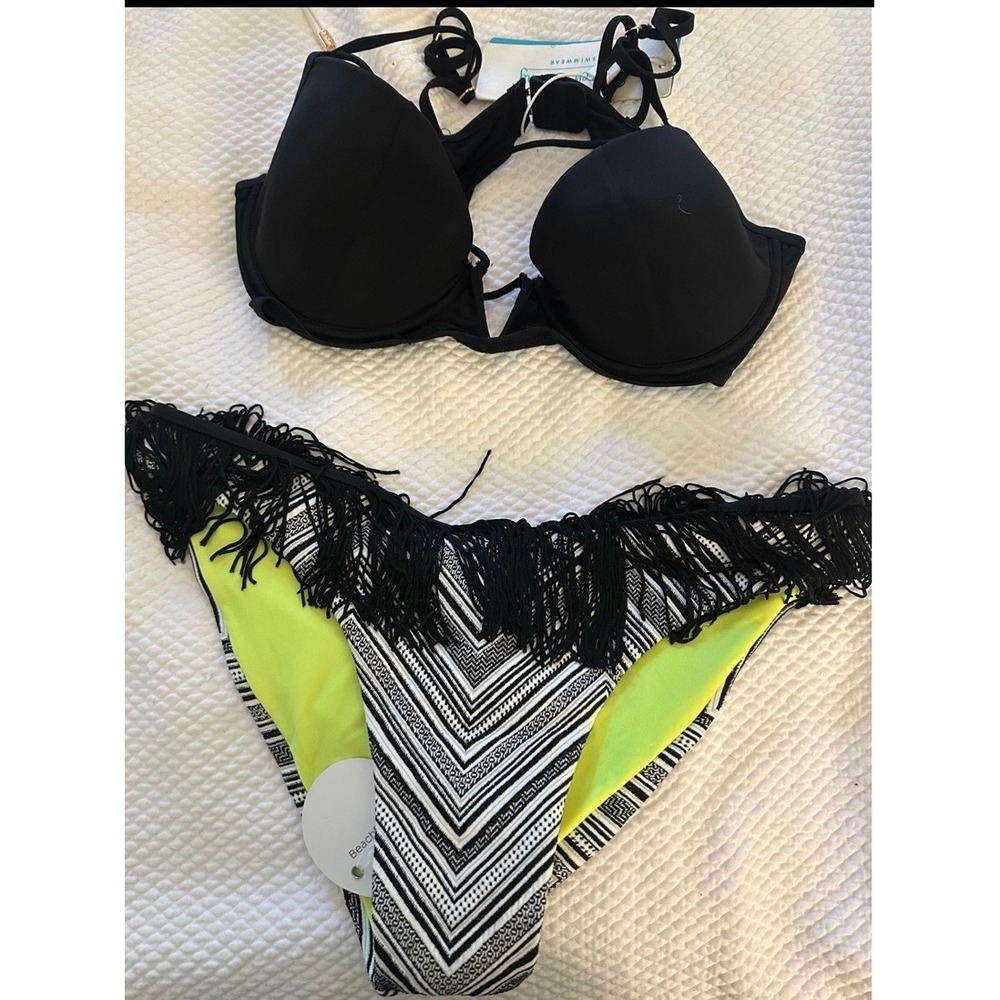 Beach Bunny Dylan‎ Crossroads Bikini Set Black Neon Zig Zag Fringe XL B18113T8